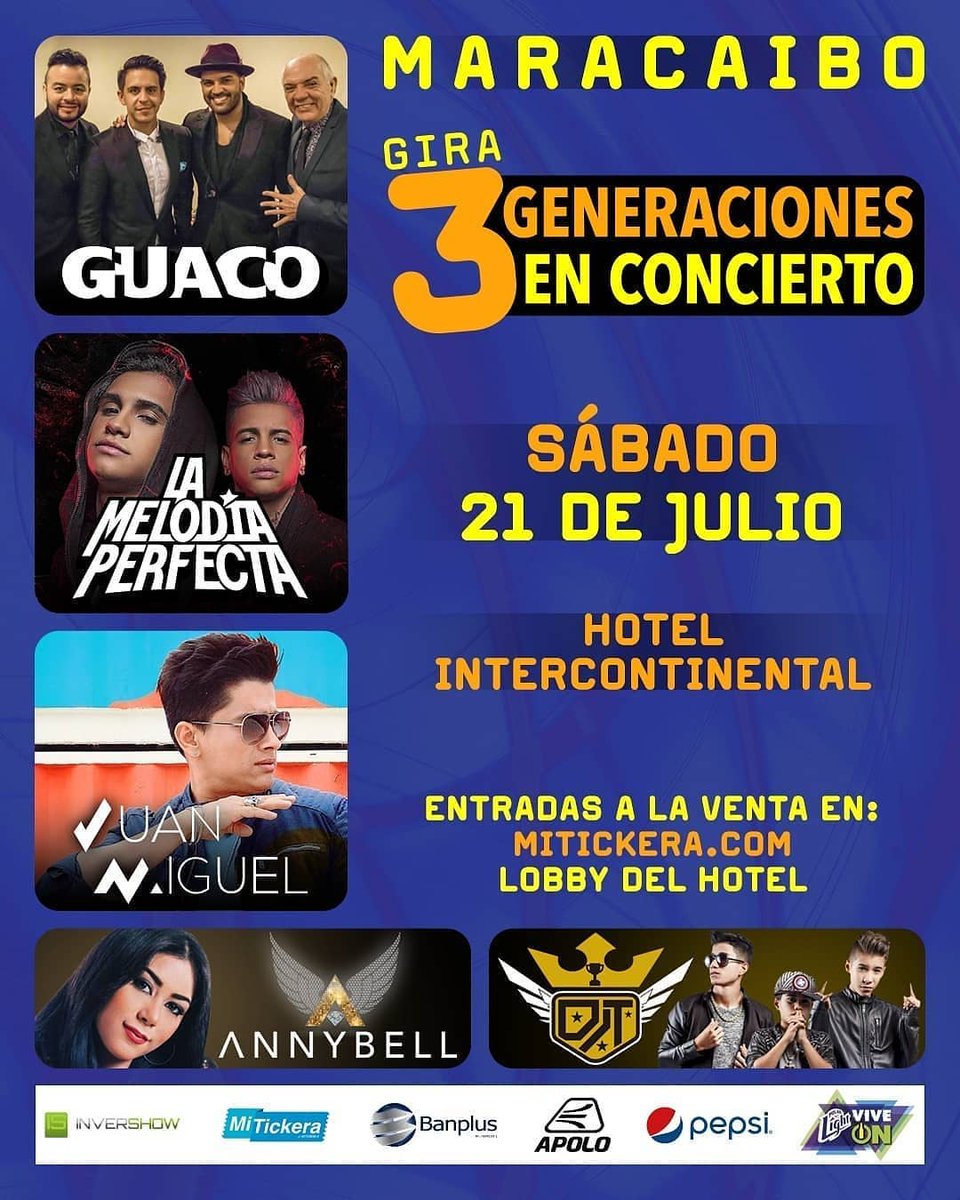 21 Jul: Ya a la venta las entradas para este concierto increíble en el @IContinental con <a href="/OficialGuaco/">Guaco</a> <a href="/MelodiaPerfect/">Gio y Gabo - La Melodia Perfecta</a> <a href="/JUANMIGUELMusic/">JUAN MIGUEL</a> @AnnyBelloficial