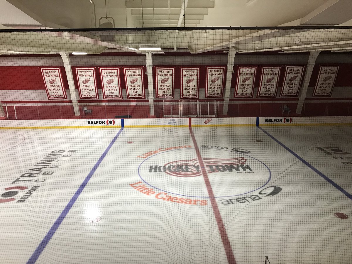 mattbach's tweet photo. Belfor Training Center underneath Little Caesars Arena. #orgpro @mymsae These are the original championship banners. Ice is kept 12 degrees and pucks kept 14 degrees all year. https://t.co/nGA0yMZGLn