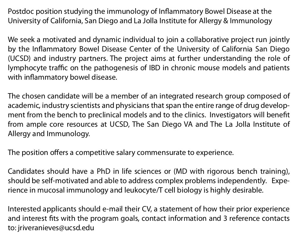 Eóin McNamee (@e_mcnameelab) on Twitter photo Exciting #Postdoc opportunity with my collaborator in San Diego, Jesus Rivera-Nieves at <a href="/UCSDHealth/">UC San Diego Health</a> and <a href="/ljiresearch/">La Jolla Institute</a>, studying #Tcelltrafficking #IBD #Mucosal #Immunology #S1P <a href="/socmucimm/">Society for Mucosal Immunology</a> <a href="/ImmunologyAAI/">The American Association of Immunologists (AAI)</a> <a href="/AGA_Gastro/">Gastroenterology</a> <a href="/Y_ECCO_IBD/">Y-ECCO</a> Exciting #Postdoc opportunity with my collaborator in San Diego, Jesus Rivera-Nieves at <a href="/UCSDHealth/">UC San Diego Health</a> and <a href="/ljiresearch/">La Jolla Institute</a>, studying #Tcelltrafficking #IBD #Mucosal #Immunology #S1P <a href="/socmucimm/">Society for Mucosal Immunology</a> <a href="/ImmunologyAAI/">The American Association of Immunologists (AAI)</a> <a href="/AGA_Gastro/">Gastroenterology</a> <a href="/Y_ECCO_IBD/">Y-ECCO</a>