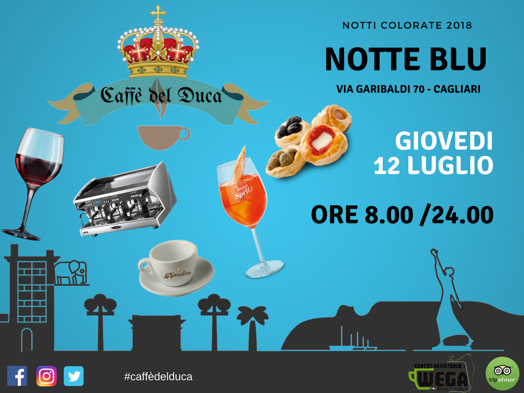 CaffedelDuca's tweet photo. Questo Giovedi la via dello Shopping di Cagliari si tinge di blu e Caffè del Duca vi aspetta fino alle 24.00, cedi alla tentazione di un buon apertivo e un buon caffè La Tazza d'oro. Ricorda di usare l'hashtag #caffèdelduca😉🍹🍷🍦🍩
#notticolorate2018 #cagliari #shopping https://t.co/CPD5ar0Lwe