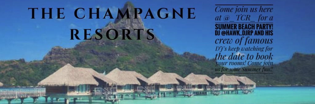 Everyone come join us here at <a href="/_TCR1_/">The Champagne Resort</a> for our Summer Beach Party! Time and Date to be announced  get ready to book your rooms for sun, fun, music, and anything your can possibly imagine! Come join us! (RETWEET PLEASE AND COME PARTY)