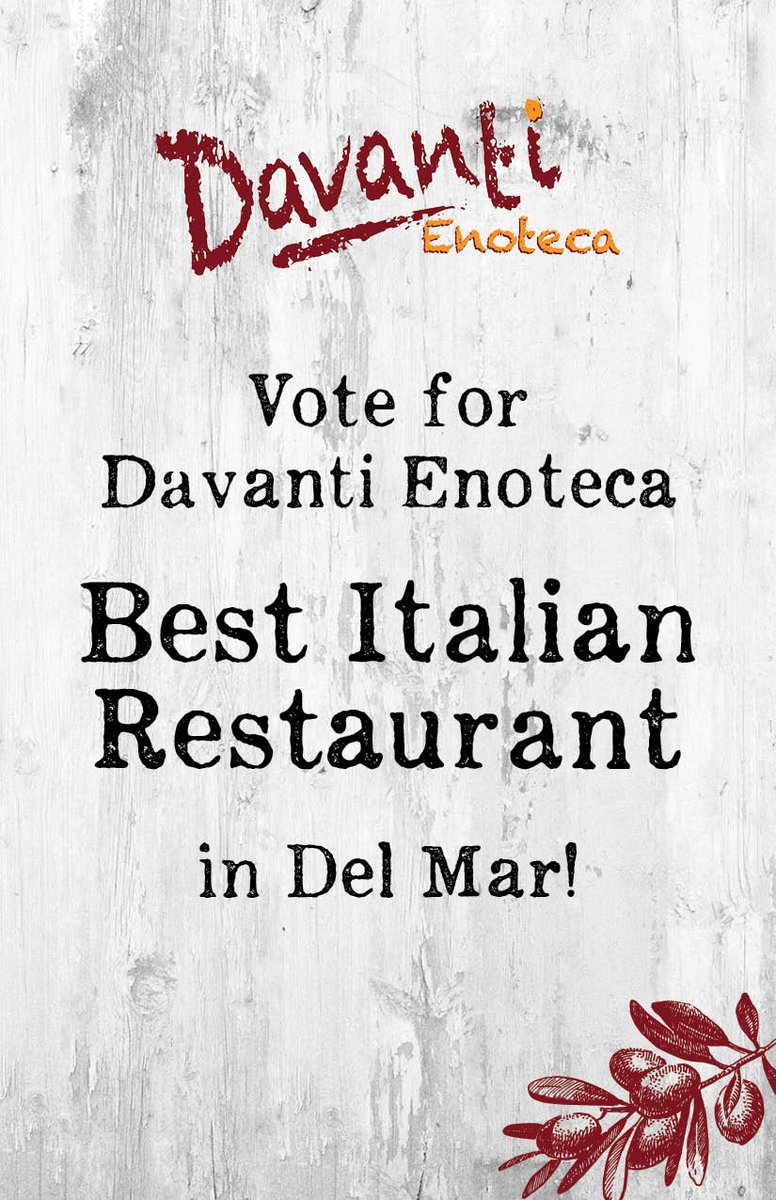 The Del Mar Times ranked Davanti Enoteca as one of the BEST in the North Coast! Please VOTE for Davanti Enoteca for Best Italian Restaurant!

VOTE: delmartimes.net/dmt-best-of-no……

Grazie mille, we really appreciate it! #Davanti #DelMarTimes #FRG