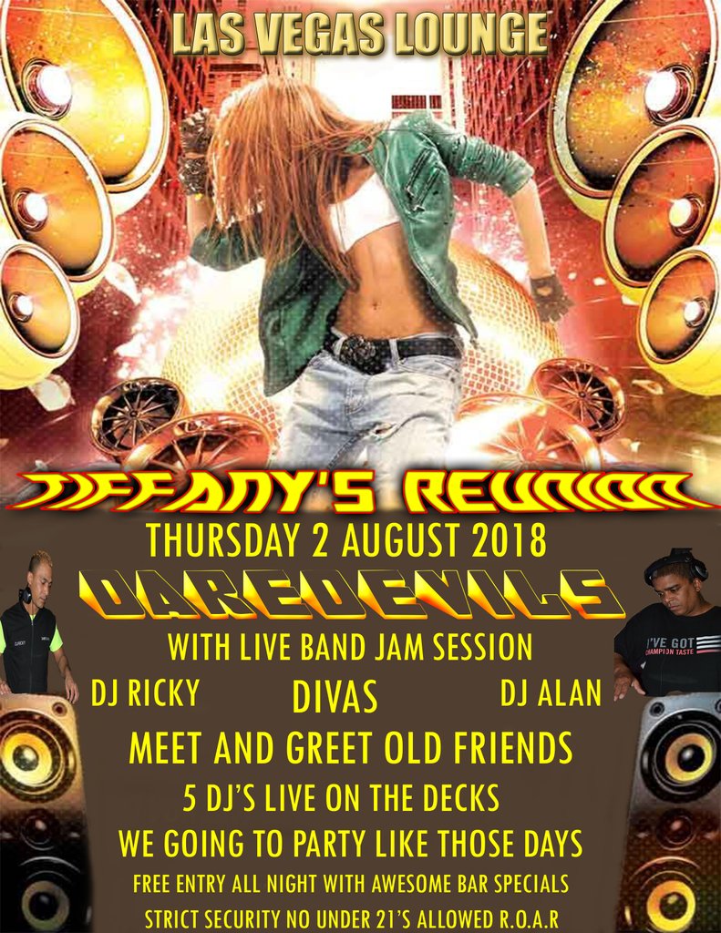 DjRicky25's tweet photo. Make sure to save the date as it's a one night of total ultimate fun 2 August 2018 and it's free entry for all with awesome bar specials happening with Daredevils Dj Ricky and Dj Alan take you back to the party days https://t.co/6Pa1uQdHpE