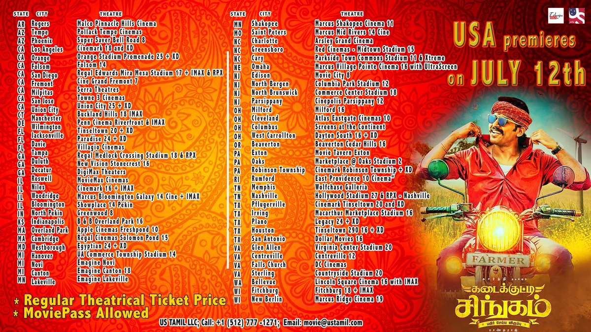 jimmytg619's tweet photo. @Karthi_Offl's @sayyeshaa's #KadaikuttySingam /#ChinnaBabu USA Theaters lists.
#KKS Premiere on July 12th!
@pandiraj_dir @Suriya_offl @immancomposer @Priyabshankar_ @sooriofficial @rajsekarpandian @SF2_official @sakthivelan_b @2D_ENTPVTLTD @dwarakacreation
#2DaysToGoForKKS https://t.co/zfi32X9W3N
