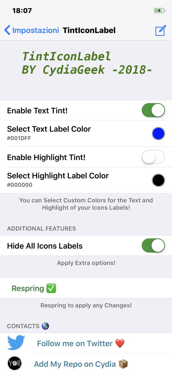 CydiaGeek's tweet photo. Iβve just submitted #TintIconLabel New Update to #BigBoss Repo on #Cydia! Enjoy you All PPL! π€π½
Version 1.0.1
- Added the option to Hide All the Icons Labels (Requested on Twitter).
- Added the Additional Features in the Preferences Panel. https://t.co/dGyieP4LH7
