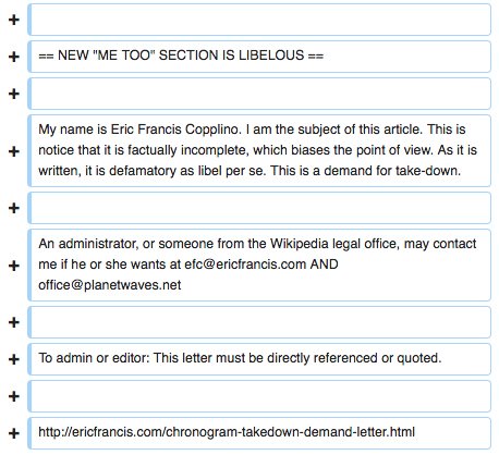 #EricFrancisCoppolino posts a legal threat to Wikipedia.

bit.ly/EFC_Wikipedia_…

#TimesUpEric #EricFrancisCoppolino #PlanetWaves #Chronogram #Astrology #Horoscopes #MeToo #TimesUp