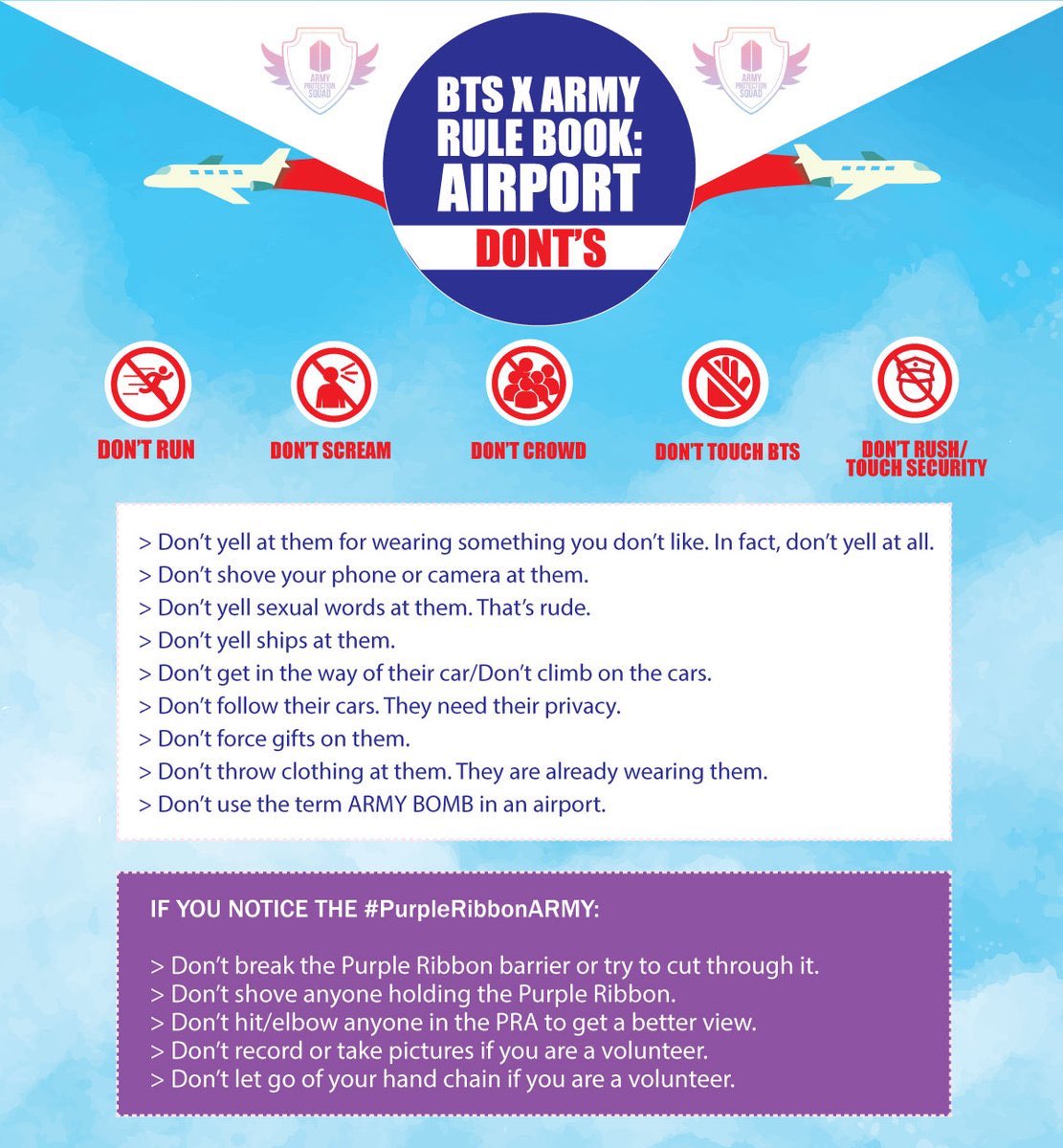 RMs_holycrab's tweet photo. Army: share and follow these guidelines. For the sake of BTS‘s happiness and safety 🌱 @BTS_twt #btsairport #btsarmy #ipurpleyou #PurpleAMRYDay #BTSArmy #armyairportetiquetten #btsconcert #BTSLoveYourselfWorldTour https://t.co/y9p63T0vcu