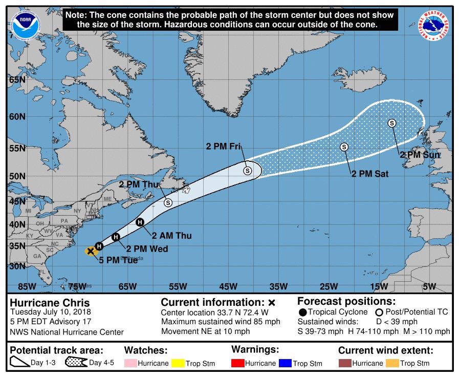 noticlt's tweet photo. NUEVO: La tormenta tropical Chris alcanza fuerza de huracán mientras se aleja de la costa de Estados Unidos en el Atlántico. https://t.co/ge4L5AH001