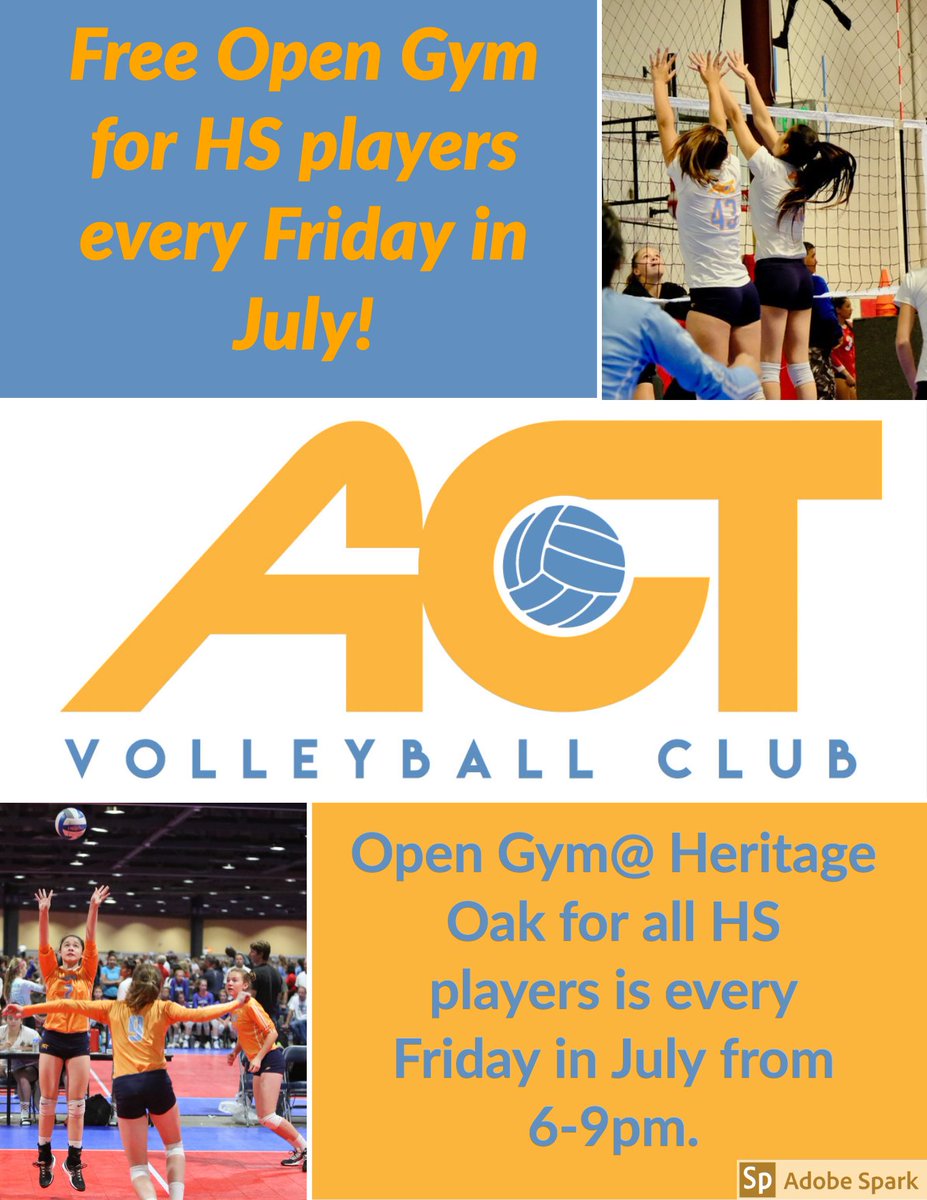 ACTvolleyball's tweet photo. Free Open Gym every Friday in July with ACT Volleyball Club!!

All HS aged players are welcome to ACT Volleyball Clubs Open Gym Fridays from 6-9pm at Heritage Oak. https://t.co/ngvEy2XMcg