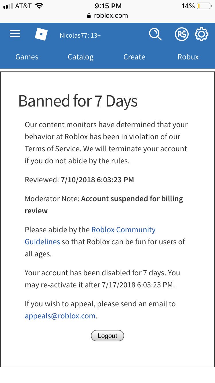 Nic On Twitter See You In 7 Days My Roblox Account Has Been Falsely Banned - nic roblox