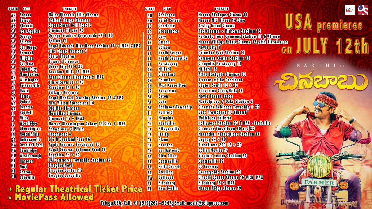 KarthiFans24x7's tweet photo. #KadaikuttySingam #ChinnaBabu USA Theater lists. Premiere starts July 12th!! Watch this film in theaters and support us !!
#KKSFDFS @Karthi_offl @pandiraj_dir @immancomposer @sooriofficial @rajsekarpandian @SF2_official @USTamilLLC @TeluguUSA @sayyeshaa @dwarakacreation https://t.co/5XPGHmzz4A