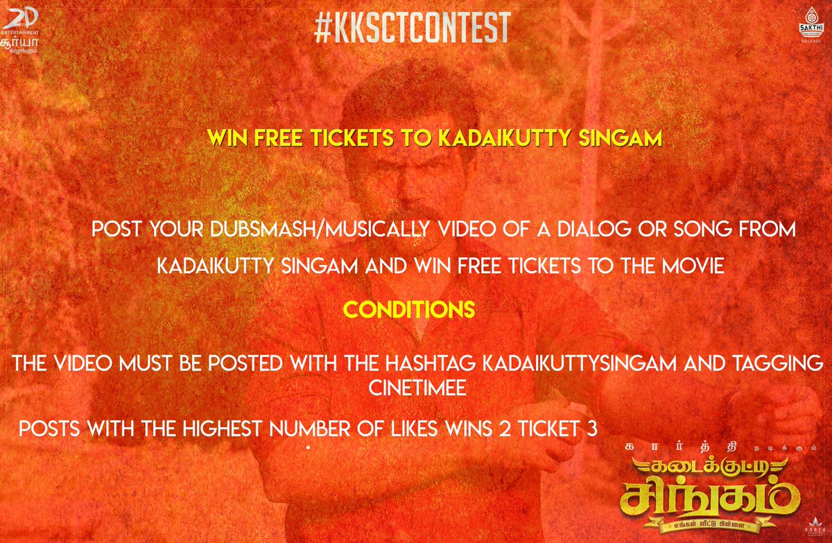 CineTimee's tweet photo. Win Free Tickets To #KadaikuttySingam !
Post Your Dubsmash/Musically Video Of A Dialog Or Song From #KadaikuttySingam And Win Free Tickets To The Movie !
#2DaysToGoForKKS ! @Suriya_offl ! @SF2_official !
@Karthi_Offl ! #CineTimee ! https://t.co/xhZdLO7Obr