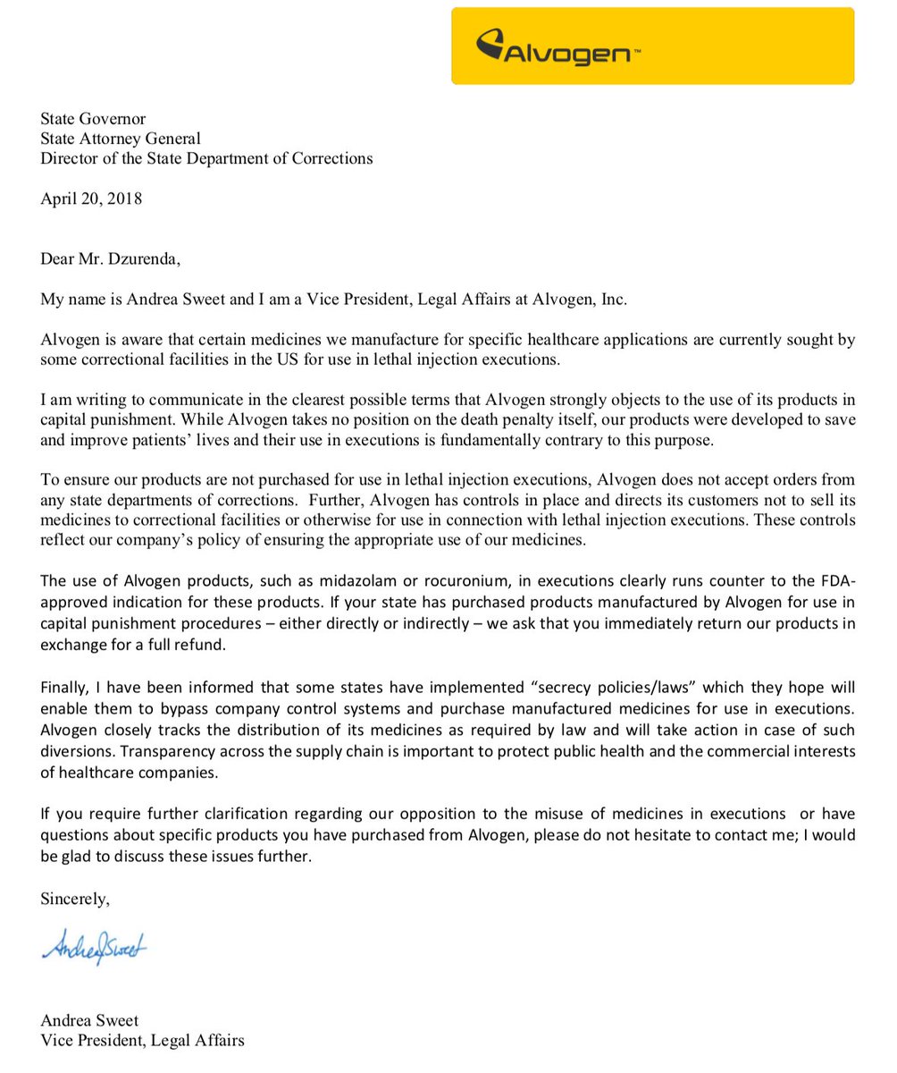 Sister Helen Prejean on Twitter: "Alvogen sent this letter to the