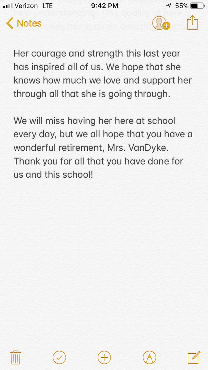 ifastuco's tweet image. This last May, the Student Council had an assembly for all of the teachers that were leaving or retiring from our school. In honor and memory of Mrs. VanDyke, I thought I’d reshare the message that was written for her to remind us of what an amazing teacher she was. #IFAHS