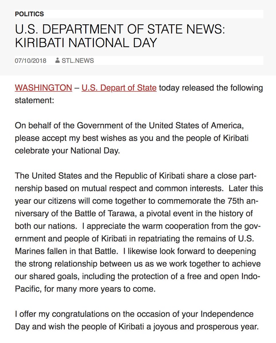 Government of the United States of #America send their best wishes to the people of #Kiribati celebrating National #IndependenceDay2018 12th July 🇰🇮🇰🇮🇰🇮 Thank you! <a href="/WhiteHouse/">The White House</a> <a href="/POTUS/">President Donald J. Trump</a> bit.ly/2ubRROV