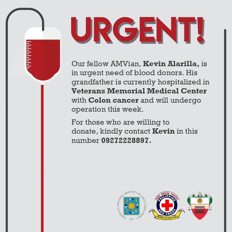 USTRCYC_AMV's tweet photo. URGENT!!
Our fellow AMVian, Kevin Alarilla, is in need or blood donors.
Donate blood. Save lives. Be a hero!
#RCYCares
#OneAMVOneRCYC https://t.co/SsoiT3jTFP