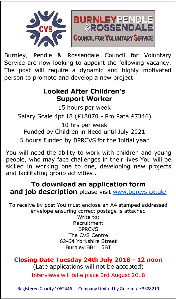 <a href="/BPRCVS/">BPRCVS</a> are recruiting for a Looked After Children's Support Worker to join a brand new project Part funded by <a href="/BBCCiN/">BBC Children in Need</a> 

Job description, person spec &amp; application: 

bprcvs.co.uk/index.php/job-…
 
Deadline is noon 24th July 
<a href="/YoungCarersBPR/">Young Carers BPRCVS</a> #Burnley #Pendle #Rossendale #Jobs #Careers