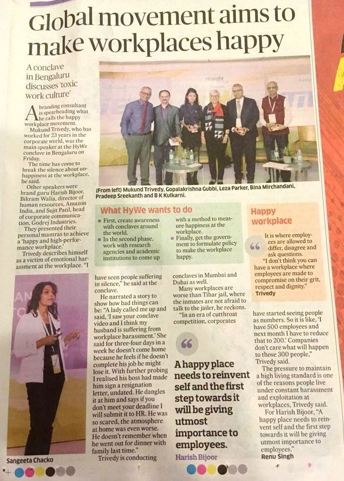 SangeetaChacko's tweet photo. Thrilled to see that the 2nd Edition of #HyWe launched by @MukundTrivedy in BLR addressing problems & solutions towards developing Happy Workplaces attains a load of media coverage. Read all about it in Deccan Herald, Business Standard, Goa Chronicle, Karnataka Indianews & more… https://t.co/qyhNfKGwEh