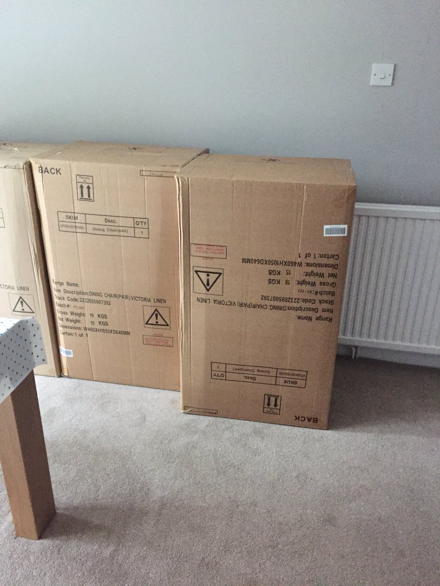 Allie_Mei's tweet photo. @HarveysHQ I’ve spent a load of money on a table and chairs and your delivery men arrive at 6.20am, wake up all the neighbours, can’t be bothered to even deliver my furniture the right way up (see below) and leaves all the unpacking and packaging to me! Not happy! https://t.co/Vr0K5E5DaG