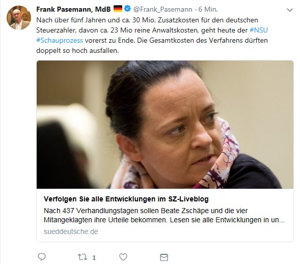 Das zu erwartende Urteil u. die mangelnde Aufklärung zum #NSU scheinen die #AfD nicht zu interessieren. Nur die Kosten für den Steuerzahler spielen offenbar eine Rolle. Aufklärung zum rechten terror interssiert Rechtsextreme nunmal nicht. #NSUKomplex #muc1107 #KeinSchlussstrich