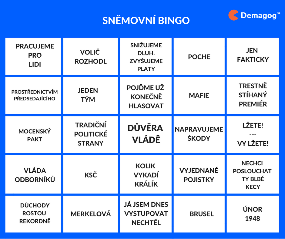 DemagogCZ's tweet photo. Budete sledovat hlasování o důvěře vládě? My ano. Zatímco si budeme užívat ověřování faktických výroků některých řečníků, můžete si čas ukrátit s naším bingem. https://t.co/Xw394XWjnj
