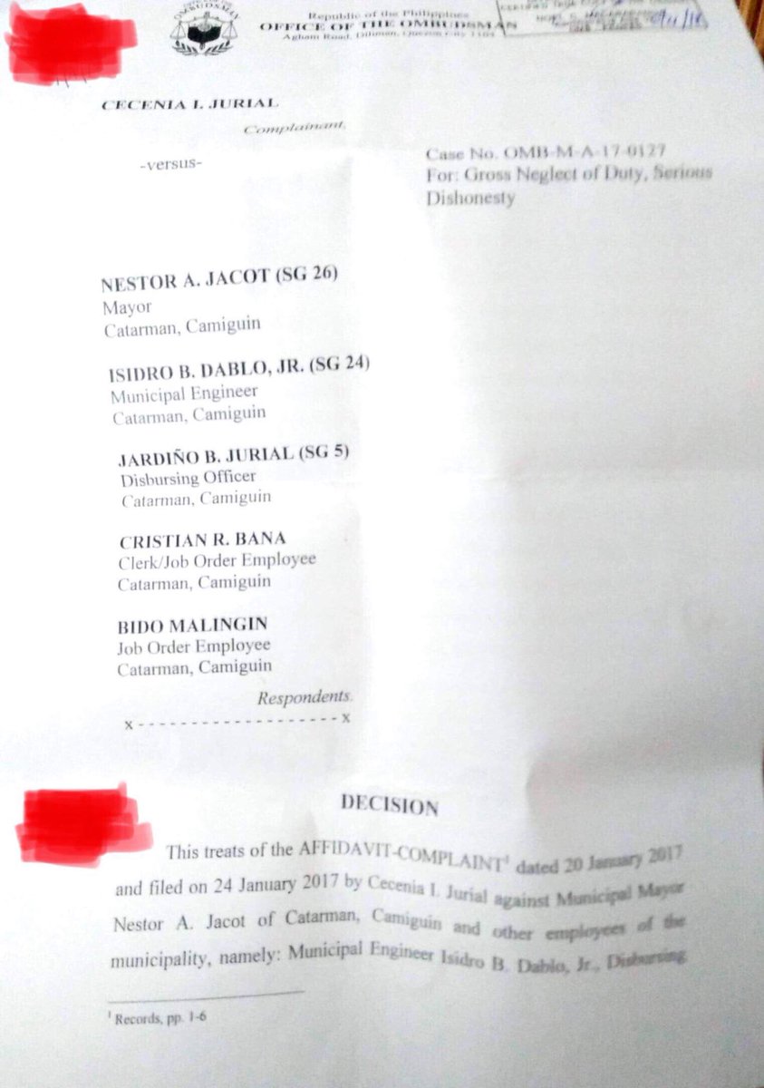mabalelaw100's tweet photo. OMBUDSMAN ordered the dismissal of Mayor Jacot of Catarman Camiguin over payroll padding. Romualdos should be next, I hope. https://t.co/aupi4ibuTk