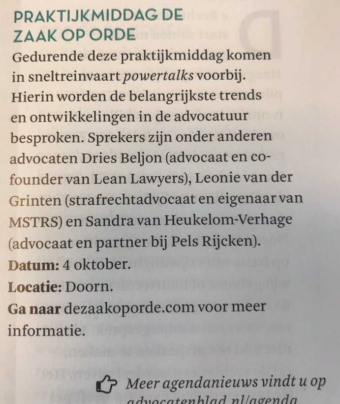 <a href="/Law4ce/">Law4ce</a> in <a href="/Advocatenblad/">Advocatenblad</a> met dezaakoporde.com zie ook advocatenblad.nl/agenda voor andere relevante congressen zoals ELTA congres en Eeuwcongres van het Advocatenblad. <a href="/BilderdijkAca/">Bilderdijk Academie</a> @Balieplus <a href="/LegalBizWorldNL/">LegalBusinessWorldNL</a> <a href="/companyinfo/">company.info</a> dank <a href="/Amanda_vd_Sande/">Amanda van de Sande</a> voor de tip!