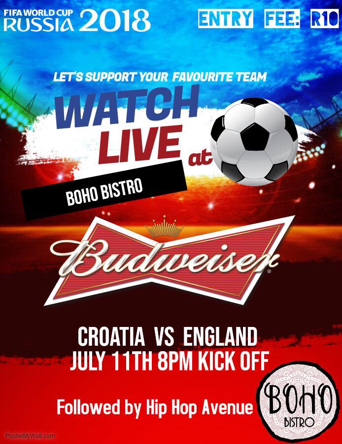 Boho_Bistro's tweet photo. France is already in the Final, between Croatia and England who is going to join them, Catch the Game live at Boho tonight on the Big Screen!! 🕺🏽🔥 ⚽️

The Game will be followed by performances from Hip Hop Avenue https://t.co/HDn2weZ3E3