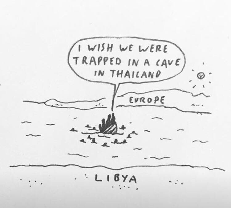 When the #SeaRescue become illegal by the EU and people are trapped among the militarized borders! Artist unknown #caverescuethailand