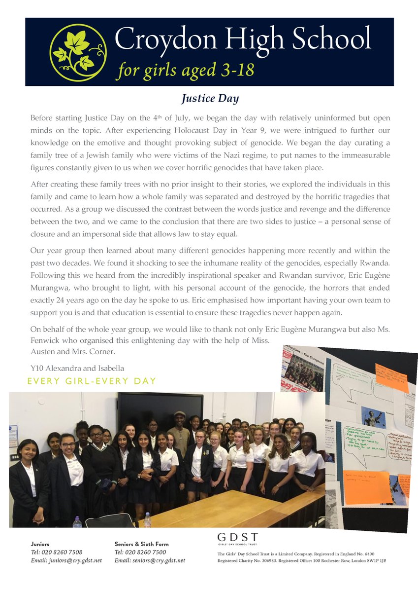 e_murangwa's tweet photo. It was great to spend my #kwibohora24 afternoon at @CroydonHigh sharing the #TheLessonsFromRwanda with the students & staff. A big thank you to the girls & teachers for inviting me to participate in this important #JusticeDay for the school. For more info see below: #Rwanda #S4S https://t.co/Fa94SaEWLY