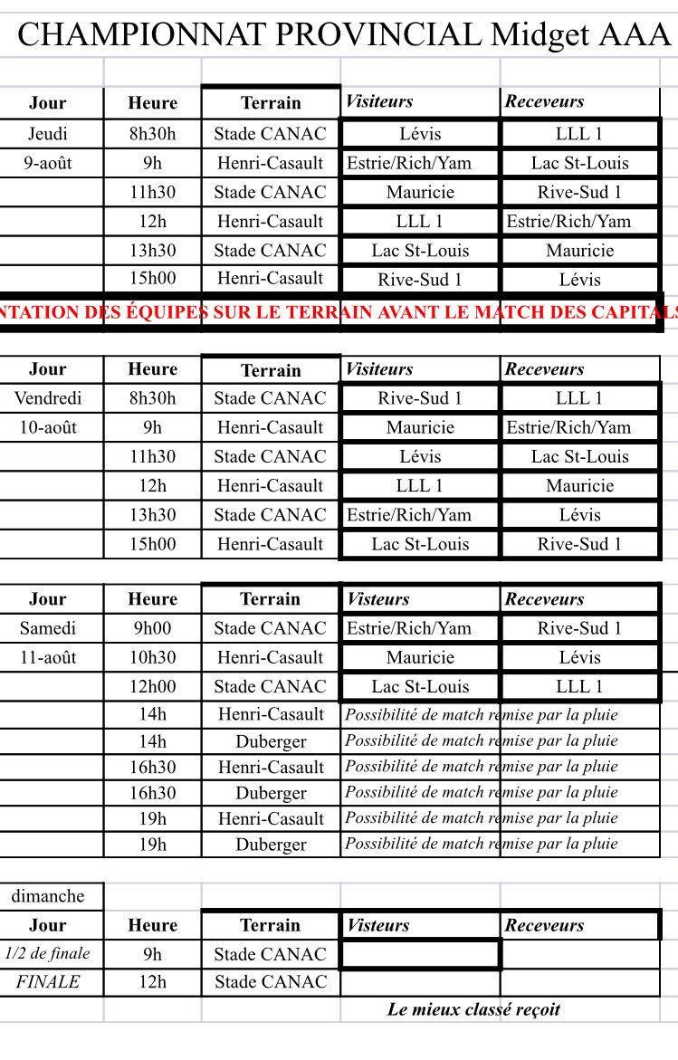 BaseballCRM's tweet photo. VOICI L’HORAIRE DU CHAMPIONNAT PROVINCIAL MIDGET AAA 2018 QUI SE TIENDRA DU 9 AU 12 AOÛT À QUÉBEC

GO! ESTACADES GO!

(YS) https://t.co/poi34r3j9Y