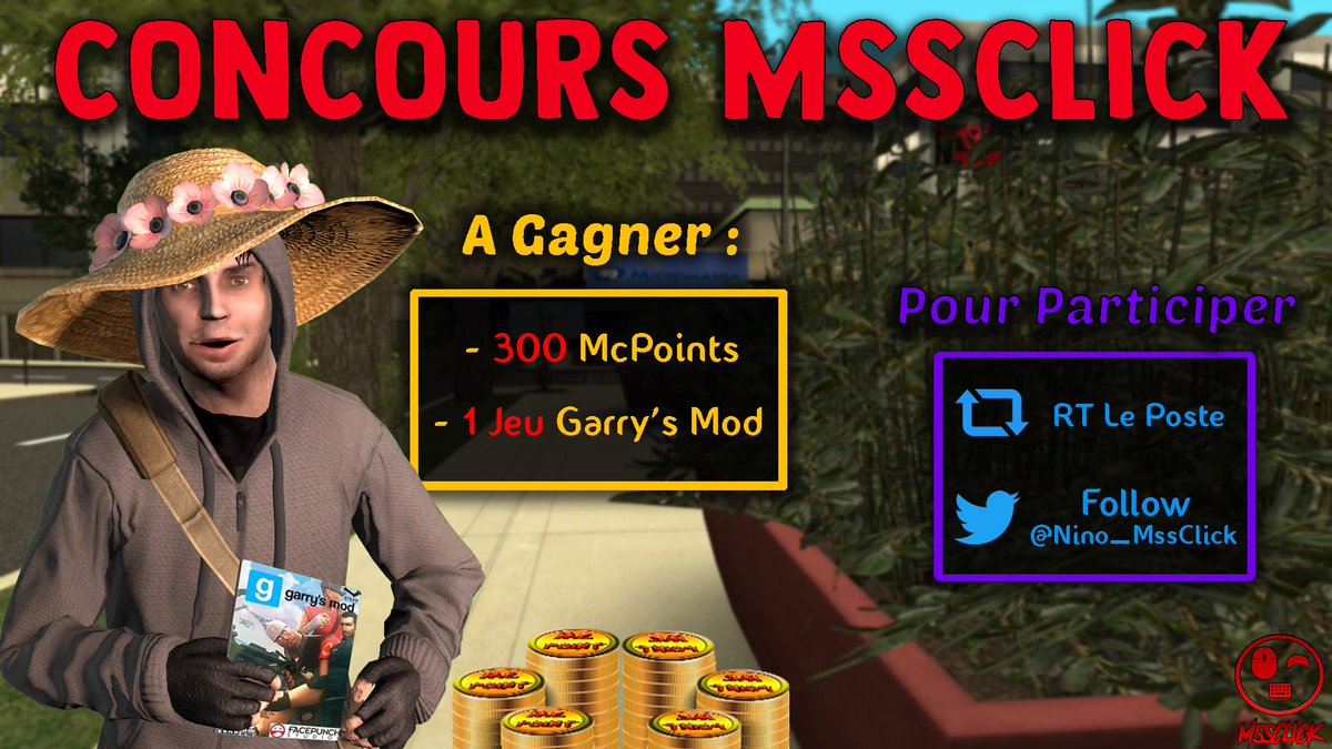 ninomssclick's tweet photo. #Concours 
🎁GAGNE 300 McPoints(VIP) et le jeu GARRY'S MOD 🎁

POUR PARTICIPER : 
- #RT le Tweet 📲
- #Follow @Nino_MssClick 🗣️

📅 Tirage au sort Samedi 28 Juillet 2018 🤓 https://t.co/jGPIyphhx1