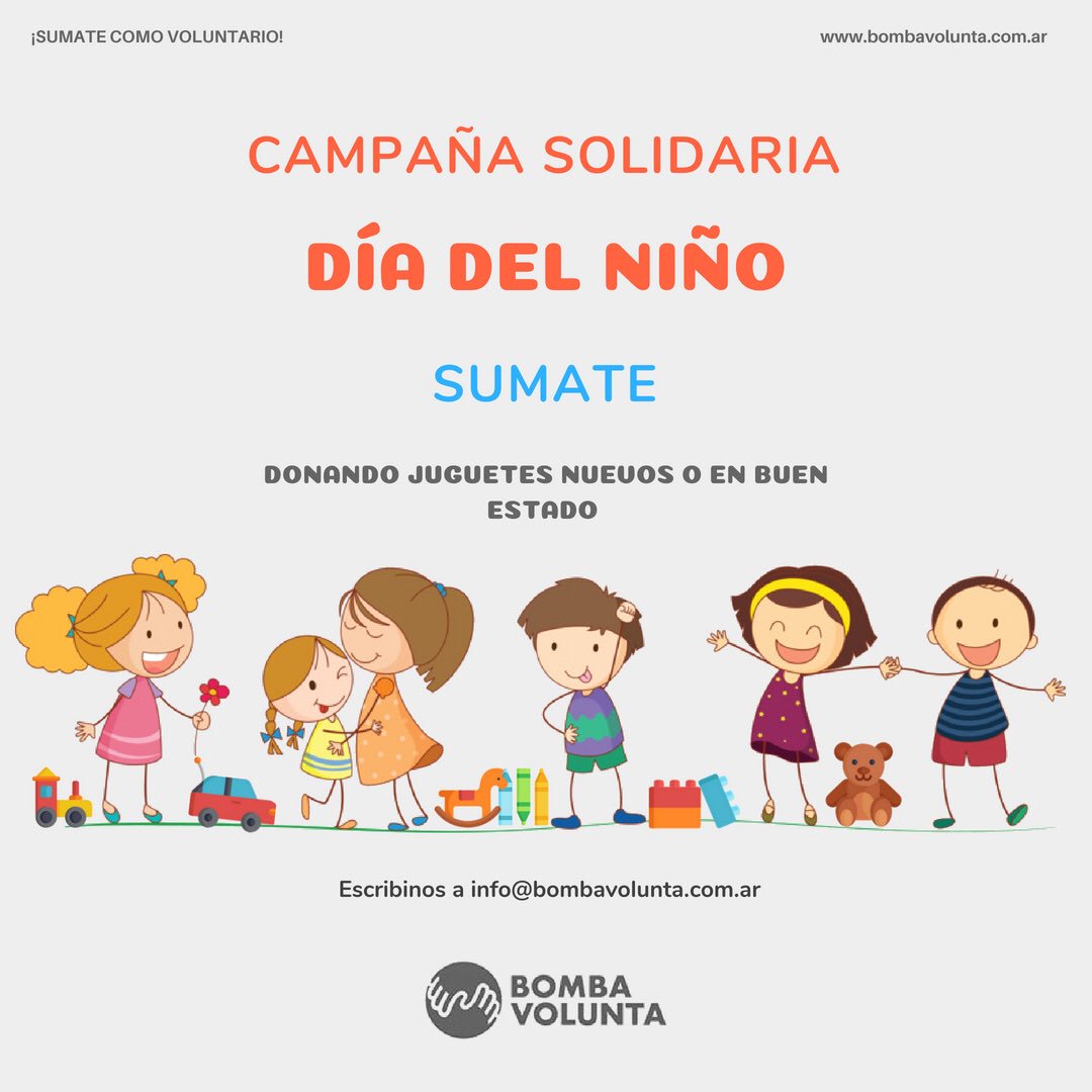 ¡Sigue la campaña del #DíaDelNiño!👾🤖⚽🎮🚂 Estamos recolectando juguetes nuevos o en buen estado para entregar a niños y niñas en situación de vulnerabilidad social. Ayudanos a hacer que este día sea inolvidable! Para donar juguetes escribinos a info@bombavolunta.com.ar