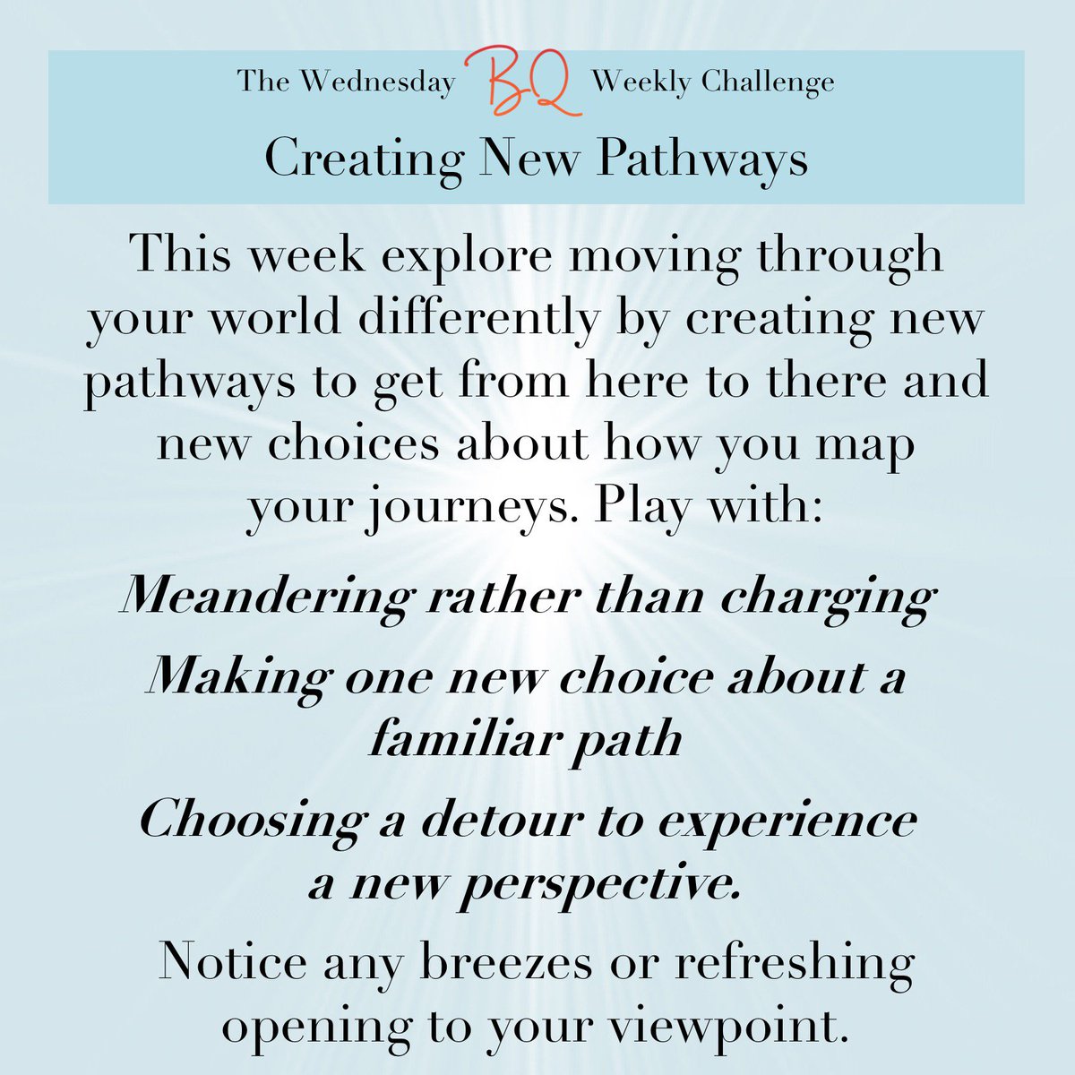 TheBQhub's tweet photo. Let us know what you discover. Share your thoughts in the comments below. #WednesdayWeeklyChallenge #BQhub #BodyIntelligence #BQChallenge #newpathways #newperspectives #meandering #path #RelaxedOpen #NoticingWithCuriosity https://t.co/PX5fMYDfoA