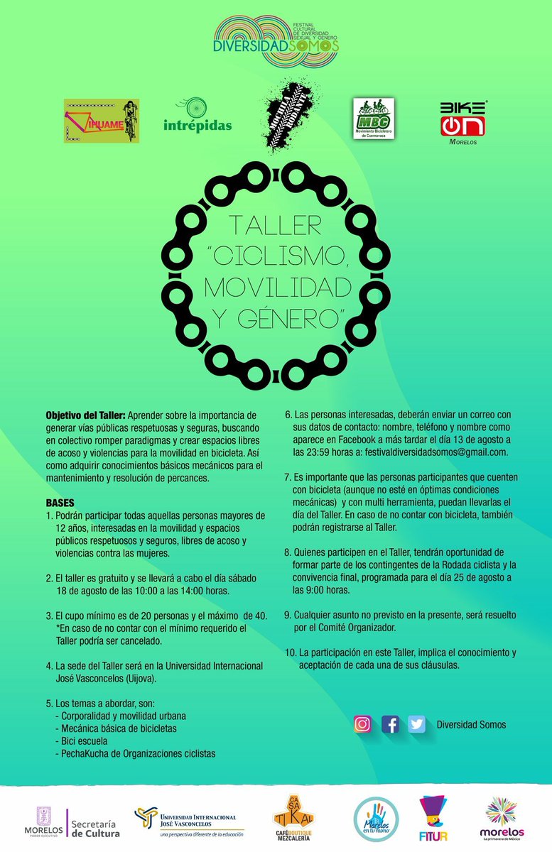 aiespem's tweet photo. Taller "Ciclismo Movilidad y Género"
¿Te gustaría adquirir conocimientos básicos para el mantenimiento de tu bicicleta?
Asiste al Taller que se llevara acabo en Universidad Internacional Jose Vasconcelos 
Con acceso gratuito!!
Aquí la bases. https://t.co/XZHgC3Rmrg