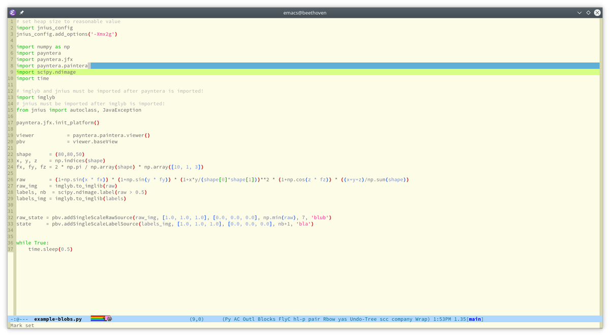 hanslovsky's tweet photo. Small example of how to use #Paintera (Java) from #Python to visualize 3D #numpy #ndarray with on the fly mesh generation:
https://t.co/pP7WHYUKkJ
https://t.co/g4FUtHpWPy
@FijiSc #Java #Python #JNI #PyJNIus #JNIus https://t.co/jXiXJixuZs