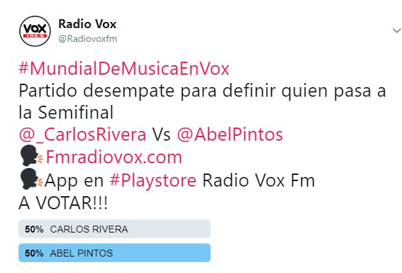 Nuevamente Empate entre <a href="/_CarlosRivera/">Carlos Rivera</a> y <a href="/AbelPintos/">ABEL</a> 
Definimos en otra encuesta que durara 90 minutos!!!
A votarrrrrrrr