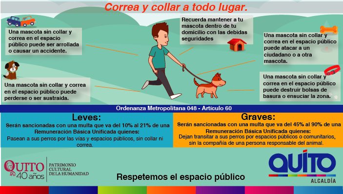 Actuamos conforme a la Ordenanza 048. Si un 🐶 se encuentra en el espacio público sin su correa y collar o sin su persona responsable, es retirado y luego devuelto a su tenedor, con el fin de precautelar la seguridad del 🐕 y de la ciudadanía. #QuitoPorLosAnimales