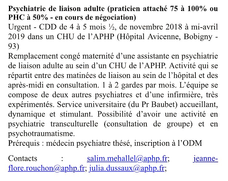 TBaubet's tweet photo. On recrute nov 2018 en CDD un psychiatre d’adulte pour un remplacmt. Liaison, urg, consultation psychotrauma, initiation psy transculturelle. Hôpital Avicenne, service HU, @aphp,  à 10 min de Paris en métro. Idéal pour collègue qui attendrait un poste en mai 2919. Merci de RT https://t.co/W6vWPWXk7l