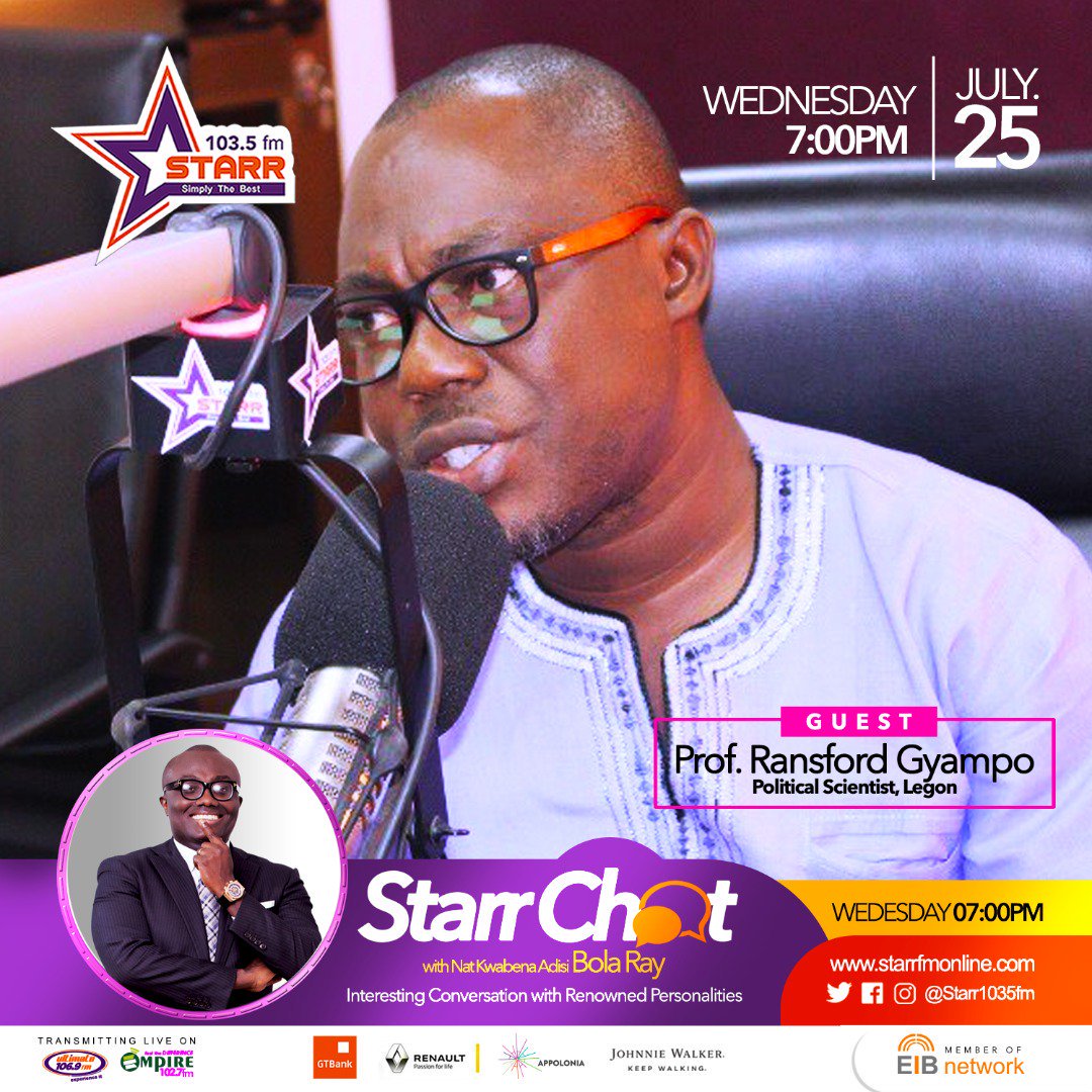 EIBDigital's tweet photo. Tune in at 7PM for #StarrChat with @TheRealBolaRay .

Prof. Ransford Gyampo ( Political Scientist, Legon) is guest this evening.

Do make a date. https://t.co/iKdzHkzHg9