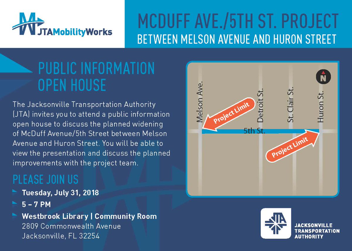 JTAFLA's tweet photo. PUBLIC MEETING – TUESDAY, JULY 31
JTAMobilityWorks West 5th Street from Melson Ave to Huron St
5 pm – 7 pm Westbrook Library, 2809 Commonwealth Ave. Jax, FL 32254. For details about the project, visit https://t.co/iHnn9WMKPq #JTAprojects https://t.co/Xt8sAtHmqI