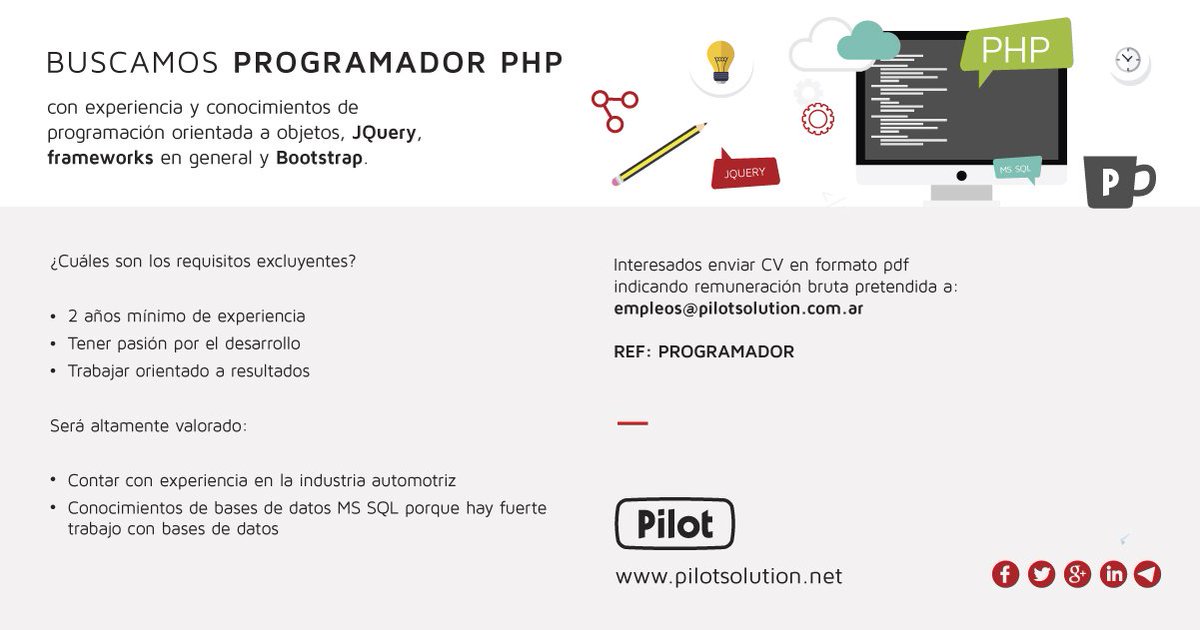 Pilot_Solution's tweet image. Buscamos #programador #php!! Interesados enviar CV en formato PDF indicando remuneración bruta pretendida a: empleos@pilotsolution.net con la referencia: PROGRAMADOR PHP
#programadorphp #busquedalaboral #crm