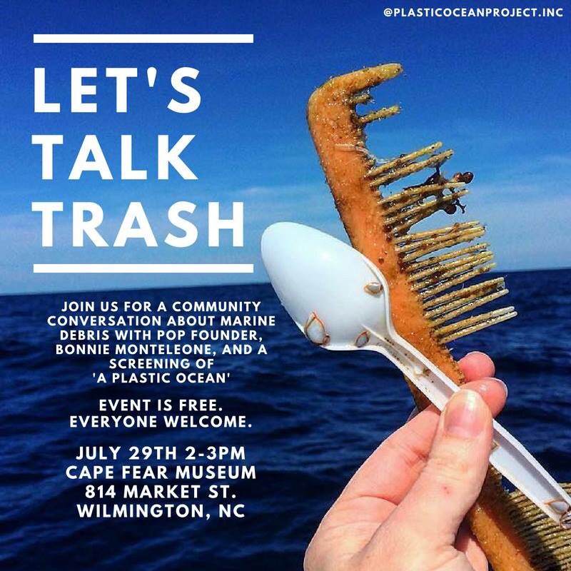 Join us this Sunday from 2-3pm for a community conversation about #plasticpollution and solutions at the <a href="/capefearmuseum/">Cape Fear Museum</a>. Our founder, Bonnie Monteleone, will be holding a discussion on marine plastics and screening #APlasticOcean (22 min) <a href="/uncwpop/">UNCW Plastic Ocean Project</a>
