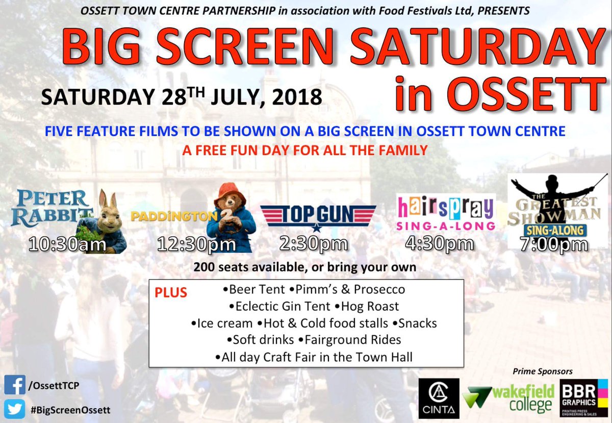 Fantastic FREE event in Ossett this weekend #BigScreenOssett 
Any chance of a RT please? 
<a href="/cloud9playgroup/">Cloud 9 Playgroup</a> <a href="/ossettccjunior1/">Ossett CC Juniors</a> <a href="/BatleySmile/">BatleySmile</a> <a href="/Batley_News/">Batley&BirstallNews</a> @beerhuis1 <a href="/thehorburywi/">The Horbury WI</a> <a href="/onyourdoorstep/">On Your Doorstep</a> <a href="/LoveOssett/">Love Ossett</a> <a href="/ILoveWakefield/">I Love Wakefield</a> @cluntergate <a href="/WakeyAdverts/">Wakefield Ads</a> <a href="/horburyshow/">horburyshow</a> @PrioryPlayers1