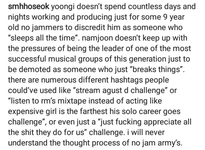 dae_gv's tweet photo. seriously.. the 'no jams' section in our fandom needs a reality check. stop being so damn shallow. THIS ISN'T FUNNY.
#BreakThingsNamjoonChallenge #EatJinChallenge #SleepAllTheTimeYoongiChallenge 
#BASELINECHALLENGE 
#JiminHairChallenge
#ExpressionTaeChallenge
#ImNotOppaChallenge https://t.co/9YCA7b8VLU