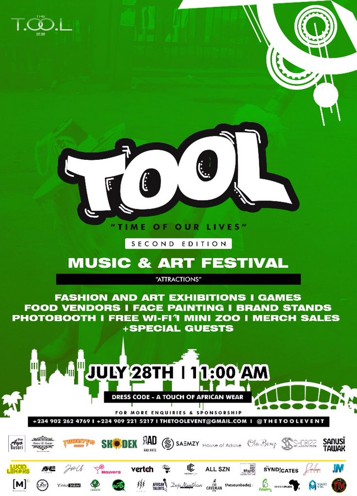 theToolFest's tweet photo. Here is a thread of Our Partners for #ToolFest

TOOL Fest : Lagos // July 28

Let’s vibe the African way // Lets Have the time of our lives 

Get tickets at https://t.co/H9w2fU1tnO

https://t.co/JkI8S6Do49

 Follow @thetoolfest @theTOOLevent  #TOOL18 #theTOOLfest #THETOOLFEST https://t.co/B0eoqazoFn