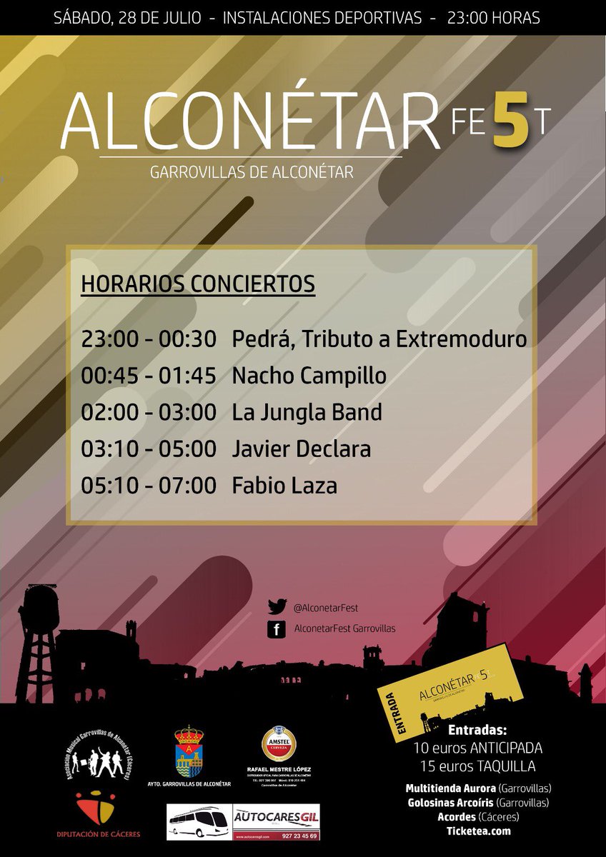 ⏰ HORARIOS ⏰

No te pierdas a tu grupo o dj favorito a nosotros NOS GUSTAN TODOS!!! 👇🏼

🥁🥁🥁........🥁🥁🥁

Para los rezagados ÚLTIMAS 50 ENTRADAS anticipadas la venta (hasta fin de existencias).

🎟 Puntos de ventas oficiales.
🎟 Ticketea: ticketea.com/entradas-alcon…