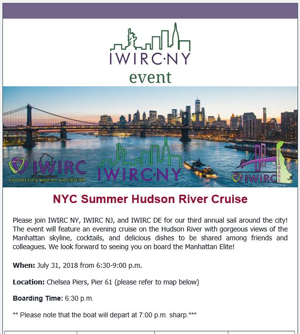 Join us on July 31st as we sail around the city with <a href="/IWIRCNJ/">IWIRC New Jersey</a> and <a href="/IWIRCDE/">IWIRCDE Network</a> members!  We have a few spots remaining, and we just extended registration through Monday, July 30th!  Register now: eventbrite.com/e/iwirc-nyc-su….