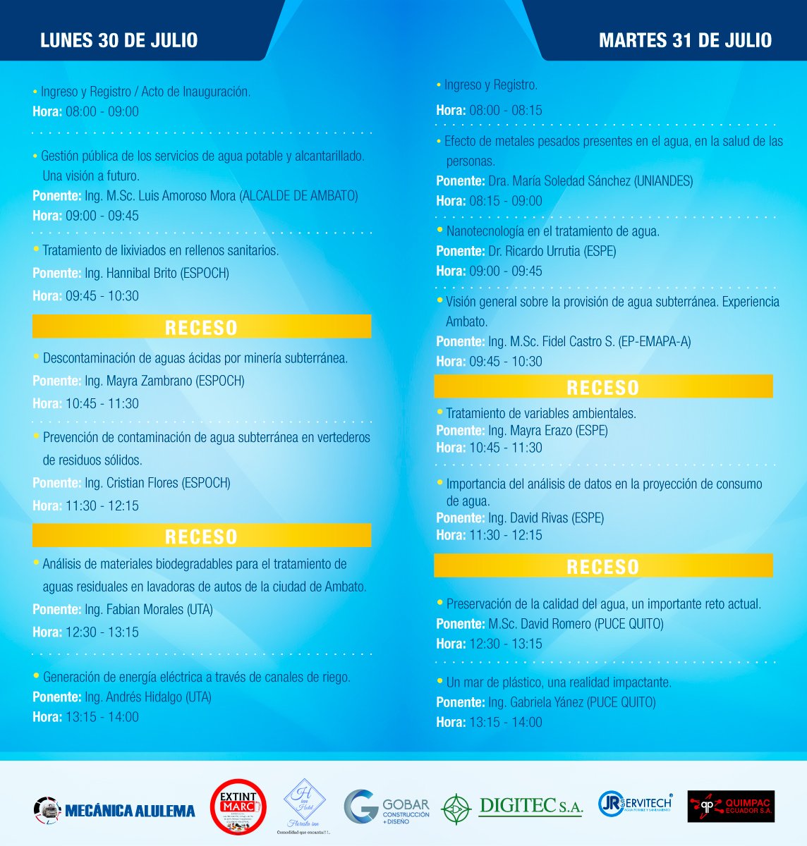 FicmUTA's tweet photo. La Facultad de Ingeniería Civil y Mecánica y la EP - Empresa Municipal de Agua Potable y Alcantarillado de la Ciudad de Ambato, invitan al SEGUNDO SEMINARIO “AGUA PARA EL FUTURO”, evento que se realizará desde el 30 de julio hasta el 2 de agosto de 2018. https://t.co/0WWufmSnlT