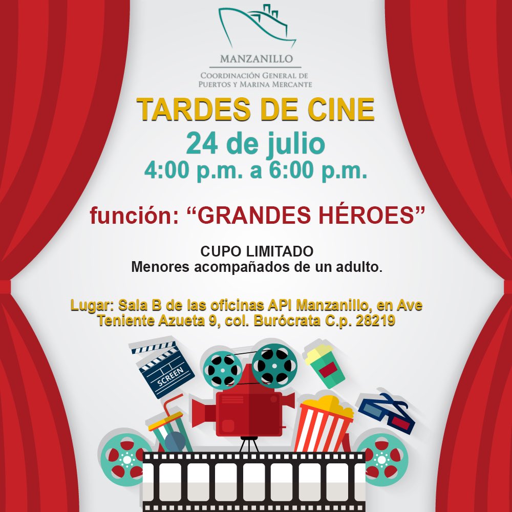 ASIPONA_Man's tweet photo. Tardes de cine en #APIMAN.
Te invita a disfrutar el día de mañana 24 de julio, de la película “Grandes Héroes”.
¡Te esperamos en las instalaciones de API Manzanillo! •Cupo limitado• https://t.co/I5d47RsGSv